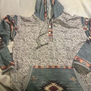 WesternAztec Button Hooded Sweater in Teal with Patterned Trim